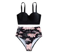 Genérico 2026 Bañador Bikini Mujer Amazon Espagne Tops + Shorts Swimsuit Push Front Print Women Piece Crop Cintura Swimwear High Two Ruched Bikini Up Wrap Swimswears Tankinis Set (Black, M)