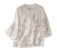 Genérico 2026 Camiseta Holgada de Manga Corta con Bordado en Lino para Mujer Estilo étnico literario Cuello en V y Combinado (Beige, M)