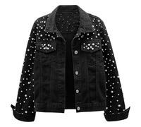 Genérico 2026 Chaqueta Entretiempo Mujer Elegante chaqueta vaquera corta con elegantes perlas y diamantes de imitación para una declaración moda. (Black, XXL)