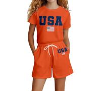 Genérico 2026 Conjunto de dos piezas niñas estampado patriótico y mangas incluye camiseta y pantalones ropa casual cómoda ideal uso diario escuela o juegos al libre en primavera y(Orange, 13-14Years)