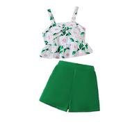 Genérico 2026 Conjunto Estival Bicolor para niñas Top asimétrico con y Shorts Deportivos Ropa Ligera Infantil Ideal Juegos al Libre Desde Siete hasta Doce años (Green, 7-8 Years)