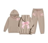 Genérico 2026 Conjunto Infantil Dos Piezas Sudadera Capucha y Pantalones Deportivos Forro Polar Estampado Elegante para niñas cómodo Casual Uso Diario Escuela Exterior (Khaki, 12-13Years)
