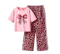 Genérico 2026 Conjunto Verano niñas Top Corto Mangas largas Estampado Leopardo Dos Piezas pequeñas Juvenil Elegante (5-6 Years)
