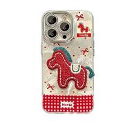 Genérico 2026 Embroidered Pony Lanyard New Year Phone Case for iPhone 17/16/15/14/13/12 Plus Pro MAX Series, Year of The Horse Cute Horse Red Phone Case with Lanyard, Anti-Drop (14 Pro MAX,Silver)