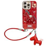Genérico 2026 Embroidered Pony Lanyard New Year Phone Case for iPhone 17/16/15/14/13/12 Plus Pro MAX Series, Year of The Horse Cute Horse Red Phone Case with Lanyard, Anti-Drop (16,Red + Lanyard)