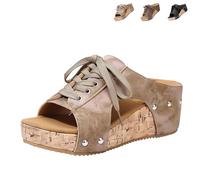 Genérico 2026 New Lace Up Cork Wedge Sandals For Women Comfortable Wedge Summer Slippers Platform Wedge Sandals for Women (Khaki,38)