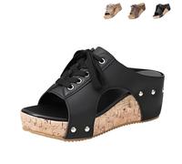 Genérico 2026 New Lace Up Cork Wedge Sandals For Women Comfortable Wedge Summer Slippers Platform Wedge Sandals for Women (Black,39)