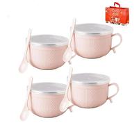 Genérico 2026 New Set of 4 25-Oz Mug Meals W/Lid-Its, 25 Oz Mug Meals with Lids & Handles Spoon, Round Holiday Meal Mugs for Coffee Soup Stew (4*Pink)