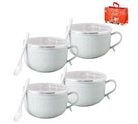 Genérico 2026 New Set of 4 25-Oz Mug Meals W/Lid-Its, 25 Oz Mug Meals with Lids & Handles Spoon, Round Holiday Meal Mugs for Coffee Soup Stew (4*Blue)