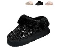 Genérico 2026 New Women's Platform Glitter Sequin Flat Slippers Winter Snow Boots Fuzzy Fluffy Lined Slippers And Outdoor Comfy Warm (Black,41)