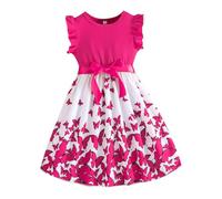 Genérico 2026 para niñas, diseño floral, lazo, manga con volantes, corte trapecio, verano de Pascua para niñas, cuello redondo, rosa fuerte, 9-10 Años