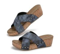Genérico 2026 Platform Wedge Cork Sandals Open Toe Slip on Womens Slide Sandals Summer Platform Wide Width Mules Sandals Women's Criss Cross Platform Wedge Sandals (Navy Blue,38)
