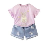 Genérico 2026 Ropa de Pascua para niño niña, Trajes de Verano para niña, Camisas con Apliques de de Conejito, Tops, Pantalones Cortos de Mezclilla, Conjunto de Ropa para niña pequeña (100/L)