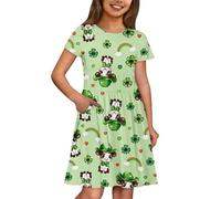 Genérico 2026 Vestido Casual Floral de Manga Corta para Niñas con Volantes y Bolsillos Laterales Playwear (Green, 13-14 Years)