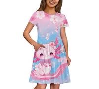 Genérico 2026 Vestido Casual Manga Corta Estampado Floral para niñas Juego con Volantes Laterales y Bolsillos prácticos diseño Juvenil para Primavera Verano (5-6 Years)