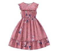 Genérico 2026 Vestido Estampado Floral para niñas con Cintura Fruncida y Dobladillo Volante Atuendo Escolar primaveral Veraniego Casual para Grandes de a Doce años (7-8 Years)
