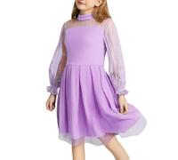 Genérico 2026 Vestido Infantil Femenino de Tul Bicolor con Mangas largas para niñas (Purple, 5-6 Years)