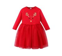 Genérico 2026 Vestido Princesa Manga Larga Estampado navideño otoño Invierno para niñas pequeña Ropa Elegante celebración cumpleaños (Red, 3-4 Years)