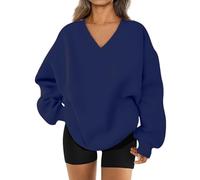 Genérico 2026 Womens Sweatshirt Oversized V Neck Fleece Pullover Sweaters Cute Y2K Casual Comfy Fall Fashion Long Sleeve Tops (Navy,L)