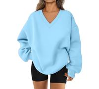 Genérico 2026 Womens Sweatshirt Oversized V Neck Fleece Pullover Sweaters Cute Y2K Casual Comfy Fall Fashion Long Sleeve Tops (Sky,L)