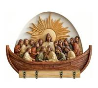 Genérico 2D Flat Jesus Communion Wall Art Keychain Holder with 4 Hooks, Christian Autumn Wall Mounted Key Rack, Wooden Multifunctional Home Key Holder for Housewarming Gifts,Friends,Family