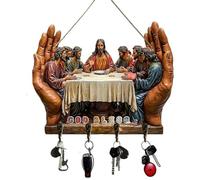 Genérico 2D Flat Jesus Communion Wall Art Keychain Holder with 4 Hooks, Christian Autumn Wall Mounted Key Rack, Wooden Multifunctional Home Key Holder for Housewarming Gifts,Friends,Family