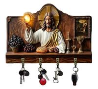 Genérico 2D Flat Jesus Communion Wall Art Keychain Holder with 4 Hooks, Christian Autumn Wall Mounted Key Rack, Wooden Multifunctional Home Key Holder for Housewarming Gifts,Friends,Family