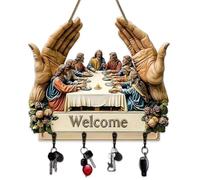 Genérico 2D Flat Jesus Communion Wall Art Keychain Holder with 4 Hooks, Christian Autumn Wall Mounted Key Rack, Wooden Multifunctional Home Key Holder for Housewarming Gift,Friends,Family