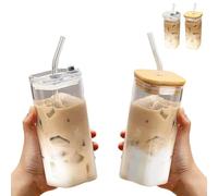 Genérico 2Pcs Square Glass Cup with Lids and Straws, Portable Drinking Clear Tumblers 400ml/14oz, Heat Resistant Transparent Milk Tea Juice Cups Coffee Mug (Mix)