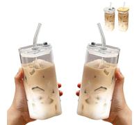 Genérico 2Pcs Square Glass Cup with Lids and Straws, Portable Drinking Clear Tumblers 400ml/14oz, Heat Resistant Transparent Milk Tea Juice Cups Coffee Mug (Transparent lid*2Pcs)