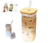 Genérico 2Pcs Square Glass Cup with Lids and Straws, Portable Square Drinking Clear Tumblers 400ml/14oz, Heat Resistant Transparent for Milk Tea Juice Cups Coffee Mug (1 Pcs,Wooden Lid)