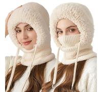 Genérico 3 in 1 Beanie Hat with Scarf & Mask, Women's Balaclava Outdoors Windproof Scarf Hat, Mask Set Hooded Piece Warm Snow Cap (Beige)