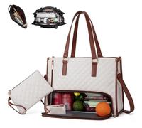 Genérico 3 in 1 Quilted Tote Bag-15.6 Inch Tote Bag with Lunch Compartmen with Built-In Insulated Section for Laptop & Meals (White brown)