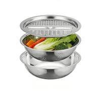 Genérico 3 In 1 Stainless Steel Colander Bowl Set - 26cm Or 28cm Multi Function Sink Strainer - Vegetable Slicer Ginger Grater Rice Salad Washer - Drain Basket with Grater