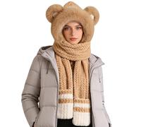 Genérico 3 in 1 Womens Hat, Scarf and mittens set - Face Cover with Bear Ears, Winter Womens Ladies Warm Knitted Thicken Beanie Scarf for Commutes, Winter Walks, and Cold Weather Activities
