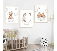 Genérico 3 Laminas Personalizadas Nombre Bebé Oso Estrellas Nube Luna Cuadro Marron Gris Infantil Animales Decoración Pared Dormitorio Niño Poster Habitacion Niña Regalo Lienzo 30 x 40 cm Sin Marco