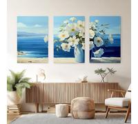 Genérico 3 Piezas Paisaje Marino Jarrón Azul Cuadro Sobre Lienzo, Pintura Al Óleo Flores Pintura Sobre Lienzo 20x30cmx3, Cuadros Decorativos para Salon Dormitorio Comedor Pasillo Oficina (Sin Marco)