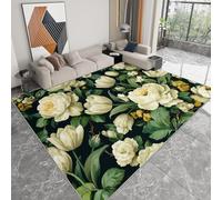 Genérico 3D Alfombras Impresas Patrón De Rosas Blancas Y Tulipanes, 120 x 180 cm Lavable Alfombra Impresa - Rug Salon Pelo Corto - tapete Antideslizante para habitación Juvenil, Verde