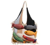 Genérico 3D Fish Knitted Fringe Tote Bag,Large Capacity Shoulder Bag with Fish Decoration,Soft Knitted Yarn Patchwork Handbag