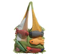 Genérico 3D Fish Knitted Fringe Tote Bag,Large Capacity Shoulder Bag with Fish Decoration,Soft Knitted Yarn Patchwork Handbag