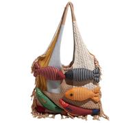 Genérico 3D Fish Knitted Fringe Tote Bag,Large Capacity Shoulder Bag with Fish Decoration,Soft Knitted Yarn Patchwork Handbag