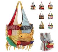 Genérico 3D Fish Knitted Tote Bag,Bohemian Fringe Yarn Patchwork Shoulder Bag with Fish Decoration,Women's Cute Cartoon Fishes Handbag (Yellow)
