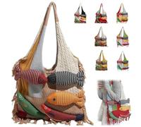 Genérico 3D Fish Knitted Tote Bag,Bohemian Fringe Yarn Patchwork Shoulder Bag with Fish Decoration,Women's Cute Cartoon Fishes Handbag (Khaki)
