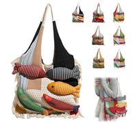 Genérico 3D Fish Knitted Tote Bag,Bohemian Fringe Yarn Patchwork Shoulder Bag with Fish Decoration,Women's Cute Cartoon Fishes Handbag (White)
