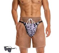 Genérico 3D Hairy Body Briefs Graphic Swim Trunks,Funny Leopard Print Fake Briefs Beach Shorts,Tropical Men Custom Patriotic Shorts