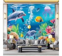 Genérico 3D Panorámica De Pared De Vida Marina Delfines Peces Coral Medusas Premium Papel Pintado No Tejido Para Sala Niño Dormitorio Decoración Pared Póster 450 x 280 cm (W x H)