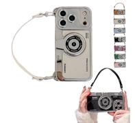 Genérico 3D Retro Camera Graphic Phone Case PU Leather Strap for iPhone 17/16/15/14/13/12, Adding Vintage Chic to Smartphone Game, Drop-Proof Creative Camera Styles Protective Cover (14plus,White)