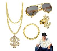 Genérico 4 Pcs 80s/90s Hip Hop Dress Accessories | 90s Hip Hop, Fake Gold Necklace Chain, Punk Sunglasses, Dollar Sign Finger Ring for Men Women