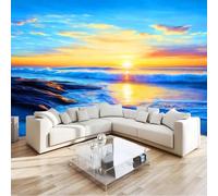 Genérico 400 x 280 cm Papel Pintado Pared Panorámico Paisaje Amanecer Olas Del Océano Azul decoración de pared Póster Gigante de Pared Personalizado 3D Para Salón Dormitorio