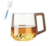 Genérico 450ml Gray Glass Slanted Coffee Cups with Wooden Handle,Creative Mountain Bottom Design Wood Handle Tea Cup,Heat & Cold Resistant Whiskey Glass Mug (Transparent)
